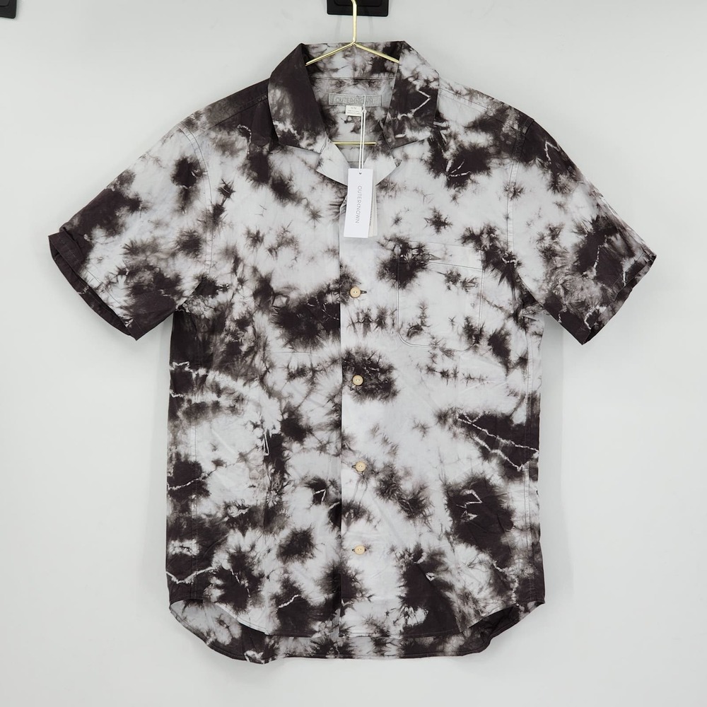 Outerknown Black and White Tie-Dye Short Sleeve Button-Down Shirt